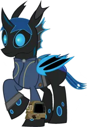 Size: 876x1272 | Tagged: safe, artist:ponygamer2020, derpibooru import, oc, oc:w. rhinestone eyes, unofficial characters only, changeling, fallout equestria, bat wings, blue changeling, blue eyes, changeling oc, clothes, cute, derpibooru exclusive, fallout, folded wings, hair, happy, horn, image, jumpsuit, male, pipboy, png, simple background, solo, transparent background, vault suit, vector, wings