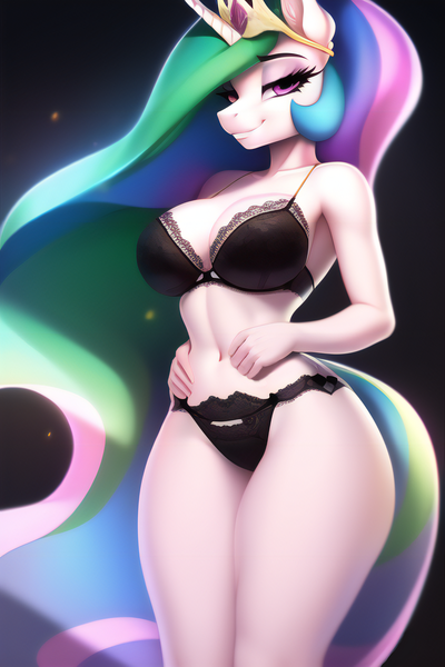 Size: 2048x3072 | Tagged: suggestive, derpibooru import, editor:paajbach, machine learning generated, novelai, stable diffusion, princess celestia, alicorn, anthro, pony, bedroom eyes, belly button, big breasts, bra, breasts, busty princess celestia, clothes, curvy, dark background, eyebrows, eyebrows visible through hair, eyeliner, female, flowing hair, flowing mane, frills, glow, grin, hand on hip, high res, horn, image, jewelry, lidded eyes, lingerie, looking at you, makeup, mare, png, pose, posing for photo, seductive, seductive look, seductive pose, sexy, smiling, smiling at you, solo, solo female, stupid sexy celestia, thighs, thin, tiara, underwear, wingless, wingless alicorn, wingless anthro