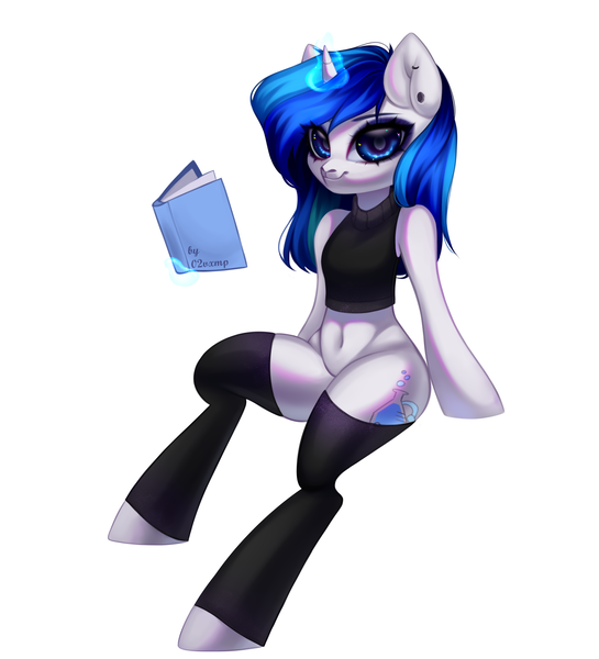 Size: 3333x3666 | Tagged: safe, artist:02vxmp, derpibooru import, oc, oc:mind, pony, semi-anthro, unicorn, book, clothes, cutie mark, ear piercing, eyeshadow, image, makeup, piercing, png, socks, solo, sweater, thigh highs