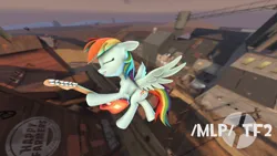 Size: 3840x2160 | Tagged: safe, derpibooru import, rainbow dash, pegasus, /mlp/ tf2 general, 2fort, 3d, eyes closed, flying, guitar, image, jpeg, musical instrument, source filmmaker, spread wings, team fortress 2, team fortress 2 logo, text, wings