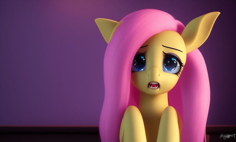 Size: 1280x768 | Tagged: safe, derpibooru import, machine learning generated, stable diffusion, fluttershy, bat pony, pony, backlighting, bat ponified, blue eyes, cute, fangs, flutterbat, image, jpeg, looking at you, looking forward, lucidpony: sd is magic 2, pink mane, race swap, scared, simple background, sitting, solo, spread wings, wings