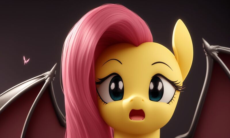 Size: 1280x768 | Tagged: safe, derpibooru import, machine learning generated, stable diffusion, fluttershy, bat pony, pony, backlighting, bat ponified, bat wings, close-up, cute, flutterbat, gasp, green eyes, image, jpeg, looking at you, looking forward, lucidpony: sd is magic 2, open mouth, pink mane, race swap, simple background, solo, spread wings, wings