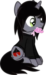 Size: 743x1224 | Tagged: safe, artist:lightningbolt, derpibooru import, oc, ponified, ponified:kellin quinn, fish, pony, unicorn, .svg available, clothes, derpibooru exclusive, disguise, disguised siren, fangs, happy, horn, image, jewelry, long sleeves, male, mouth hold, necklace, png, shirt, simple background, sitting, sleeping with sirens, slit pupils, smiling, solo, stallion, transparent background, vector