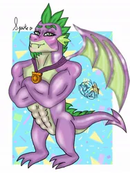 Size: 768x1024 | Tagged: safe, artist:pw-jkg-cherrys, derpibooru import, spike, dragon, abs, beefspike, facial hair, gigachad, gigachad spike, goatee, image, jpeg, male, muscles, muscular male, older, older spike, passepartout, solo, winged spike, wings