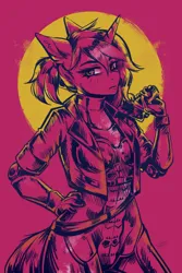 Size: 1000x1500 | Tagged: safe, artist:serodart, derpibooru import, oc, anthro, unicorn, aesthetics, clothes, hotline miami, image, looking at you, pink background, png, simple background, solo, weapon