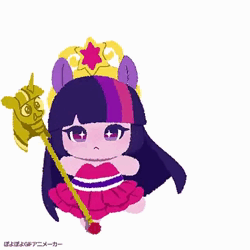 Size: 400x400 | Tagged: safe, artist:efuji_d, derpibooru import, twilight sparkle, human, equestria girls, animated, big crown thingy, chibi, clothes, cute, dress, element of magic, fall formal outfits, female, frown, image, jewelry, jumping, no sound, ponied up, regalia, scepter, simple background, solo, sparkles, starry eyes, twiabetes, twilight scepter, webm, wingding eyes
