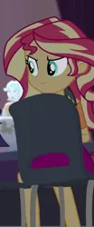 Size: 299x720 | Tagged: safe, screencap, sunset shimmer, cheer you on, equestria girls, spoiler:eqg series (season 2), chair, clothes, determined smile, geode of empathy, image, jewelry, leather vest, magical geodes, necklace, png, raised eyebrow, shoulderless shirt, skirt, spikes