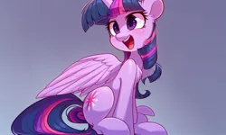 Size: 1280x768 | Tagged: safe, derpibooru import, machine learning generated, pony diffusion, stable diffusion, twilight sparkle, twilight sparkle (alicorn), alicorn, pony, cute, image, jpeg, looking back, purple eyes, purple hair, simple background, sitting, smiling, solo, wings