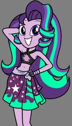 Size: 754x1325 | Tagged: safe, screencap, starlight glimmer, equestria girls, equestria girls series, forgotten friendship, armpits, big smile, bikini, bikini top, clothes, clothes swap, cuff, grin, hairstyle, image, png, pose, sarong, smiling, solo, swimsuit, teeth