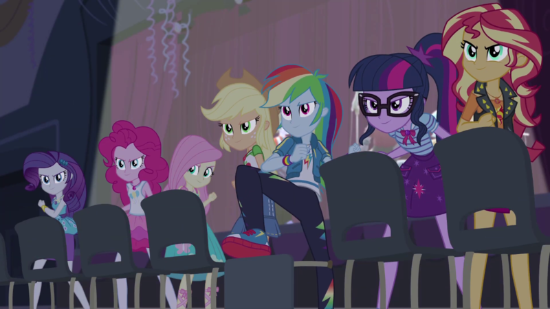 Size: 1280x720 | Tagged: safe, screencap, applejack, fluttershy, pinkie pie, rainbow dash, rarity, sci-twi, sunset shimmer, twilight sparkle, cheer you on, equestria girls, spoiler:eqg series (season 2), belt, boots, bowtie, bracelet, chair, clothes, cowboy boots, cowboy hat, cutie mark, cutie mark on clothes, denim skirt, determined smile, fluttershy boho dress, frilly design, geode of empathy, geode of fauna, geode of shielding, geode of sugar bombs, geode of super speed, geode of super strength, geode of telekinesis, glasses, gold, hairband, hairpin, hat, hoodie, humane five, humane seven, humane six, image, jewelry, laced sandals, leather vest, magical geodes, necklace, pants, pantyhose, pencil skirt, png, polo shirt, rah rah skirt, rarity peplum dress, shirt, shoes, shoulderless shirt, skirt, sleeveless, sleeveless tank top, sneakers, spikes, standing up, stetson, sweatpants, t-shirt, tanktop