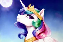 Size: 1920x1280 | Tagged: safe, derpibooru import, editor:dovakkins, machine learning generated, stable diffusion, princess celestia, alicorn, pony, beautiful, blue sky, bust, cloud, cloudy, derpibooru exclusive, feather, female, horn, image, jewelry, long mane, looking back, majestic, mare, moon, peytral, png, raised chin, raised head, regalia, sky, solo, wavy mane, wings