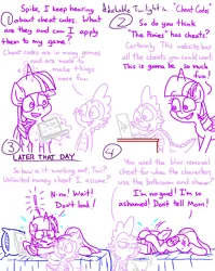 Size: 4779x6013 | Tagged: safe, artist:adorkabletwilightandfriends, derpibooru import, spike, twilight sparkle, twilight sparkle (alicorn), alicorn, comic:adorkable twilight and friends, adorkable, adorkable twilight, bed, bedroom, blushing, butt, cheating, comic, computer, cute, dork, ear blush, embarrassed, excited, happy, image, laptop computer, lying down, magic, nervous, plot, plump, png, question, regret, shocked, surprised, the ponies, the sims, video game, we don't normally wear clothes