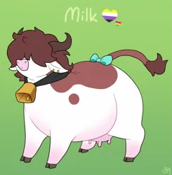 Size: 1245x1273 | Tagged: safe, artist:greenarsonist, derpibooru import, oc, oc:milk, unofficial characters only, cow, bell, bovine, bow, cowbell, fat, hair over eyes, horns, image, nonbinary, nonbinary pride flag, pansexual, pansexual pride flag, png, pride, pride flag, solo, tail, tail bow
