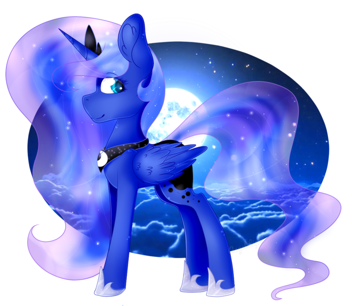Size: 1089x945 | Tagged: safe, artist:angellightyt, artist:melodysweetheart, derpibooru import, princess luna, pony, collaboration, ethereal mane, eyelashes, female, full moon, hoof shoes, image, mare, moon, peytral, png, simple background, smiling, solo, transparent background