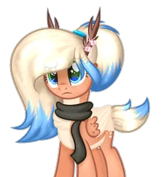 Size: 1055x1155 | Tagged: safe, artist:angellightyt, derpibooru import, oc, oc:flower blossom, unofficial characters only, deer, pegadeer, pony, antlers, base used, clothes, colored wings, eyelashes, female, frown, image, mare, png, scarf, simple background, solo, transparent background, two toned wings, wings