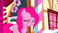 Size: 1280x720 | Tagged: safe, derpibooru import, screencap, pinkie pie, earth pony, pony, maud pie (episode), door, eyes closed, gritted teeth, image, jpeg, lip bite, saturated, solo, sugarcube corner, teeth