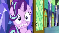 Size: 1280x720 | Tagged: safe, derpibooru import, screencap, starlight glimmer, unicorn, all bottled up, cute, glimmerbetes, image, png, scared, solo, twilight's castle