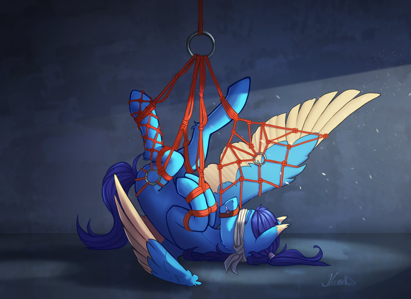 Size: 2328x1697 | Tagged: suggestive, artist:helmieafterdark, derpibooru import, oc, unofficial characters only, pegasus, pony, bondage, image, png, rope, rope bondage, shibari, solo