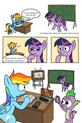 Size: 1956x2928 | Tagged: safe, artist:notfocks, derpibooru import, rainbow dash, spike, twilight sparkle, pegasus, pony, unicorn, adhd, among us, angry, classroom, comic, computer, confused, family guy, female, fidget spinner, five nights at freddy's, funny, happy, image, laptop computer, mare, minecraft, phone, png, skateboard, soap, studying, subway surfers, text, thinking