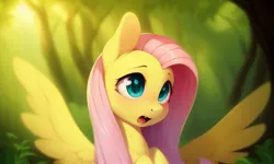 Size: 1280x768 | Tagged: safe, derpibooru import, machine learning generated, pony diffusion, stable diffusion, fluttershy, pegasus, pony, blushing, cute, forest, forest background, green eyes, image, jpeg, looking sideways, open mouth, pink hair, sitting, solo, spread wings, tree, upper body, wings