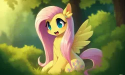 Size: 1280x768 | Tagged: safe, derpibooru import, machine learning generated, pony diffusion, stable diffusion, fluttershy, pegasus, pony, chest fluff, cute, forest, forest background, green eyes, image, jpeg, looking at you, open mouth, pink hair, sitting, solo, spread wings, tree, wings