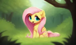 Size: 1280x768 | Tagged: safe, derpibooru import, machine learning generated, pony diffusion, stable diffusion, fluttershy, pegasus, pony, cute, folded wings, forest, forest background, green eyes, image, jpeg, looking at you, open mouth, pink hair, shyabetes, sitting, solo, tree, wings