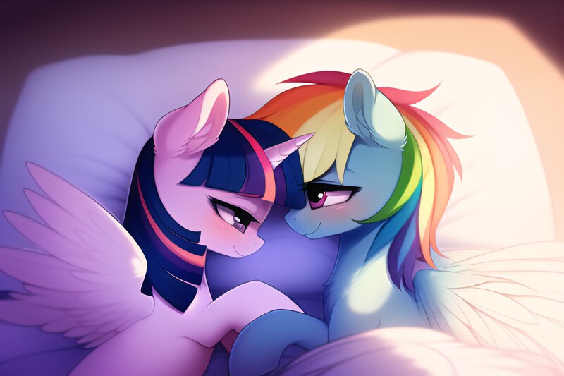 Size: 3072x2048 | Tagged: safe, derpibooru import, machine learning generated, novelai, stable diffusion, rainbow dash, twilight sparkle, twilight sparkle (alicorn), alicorn, pegasus, pony, blanket, blushing, cuddling, cute, duo, duo female, female, happy, horn, image, indoors, jpeg, lesbian, looking at each other, looking at someone, loving gaze, lying down, mare, pillow, shipping, side, simple background, smiling, smiling at each other, snuggling, spread wings, twidash, wings
