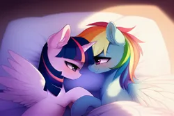 Size: 3072x2048 | Tagged: safe, derpibooru import, machine learning generated, novelai, stable diffusion, rainbow dash, twilight sparkle, twilight sparkle (alicorn), alicorn, pegasus, pony, blanket, blushing, cuddling, cute, duo, duo female, female, happy, horn, image, indoors, jpeg, lesbian, looking at each other, looking at someone, loving gaze, lying down, mare, pillow, shipping, side, simple background, smiling, smiling at each other, snuggling, spread wings, twidash, wings