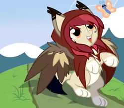 Size: 1600x1400 | Tagged: safe, artist:therebelphoenix, derpibooru import, oc, oc:sandy red, unofficial characters only, butterfly, insect, sphinx, adoptable, chest fluff, cloak, cloaked, clothes, colored eartips, colored paws, colored pinnae, colored wings, cute, cute little fangs, ear tufts, fangs, grass, image, looking at something, mountain, multicolored wings, pale belly, png, red hood, sky, solo, sphinx oc, spread wings, standing on two hooves, sunny day, wings