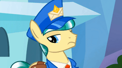 Size: 640x360 | Tagged: safe, derpibooru import, screencap, proper postal, crystal pony, earth pony, pony, the parent map, animated, clothes, eyeroll, gif, hat, image, male, sigh, solo, stallion