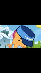 Size: 1242x2208 | Tagged: safe, derpibooru import, screencap, rainbow dash, scootaloo, spitfire, pony, the washouts (episode), "here. have a hat.", bush, cloud, embarrassed, eyes closed, female, filly, foal, hat, here have a hat, hooves, image, out of context, png, sky, wonderbolts hat, wonderbolts merchandise