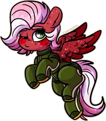 Size: 1445x1660 | Tagged: suggestive, artist:sexygoatgod, derpibooru import, oc, oc:strawberry syrup, unofficial characters only, pegasus, pony, blushing, chibi, female, fetish, flying, horseshoes, image, latex, latex suit, mare, one eye closed, png, simple background, solo, starfall kingdom, transparent background, wink