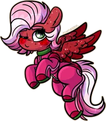 Size: 1445x1660 | Tagged: suggestive, alternate version, artist:sexygoatgod, derpibooru import, oc, oc:strawberry syrup, unofficial characters only, pegasus, pony, blushing, chibi, female, fetish, flying, horseshoes, image, latex, latex suit, mare, one eye closed, png, simple background, solo, starfall kingdom, transparent background, wink