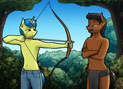 Size: 2880x2070 | Tagged: safe, artist:apocheck13, derpibooru import, anthro, earth pony, unicorn, arrow, bow (weapon), clothes, image, loincloth, male, pants, partial nudity, png, topless, training