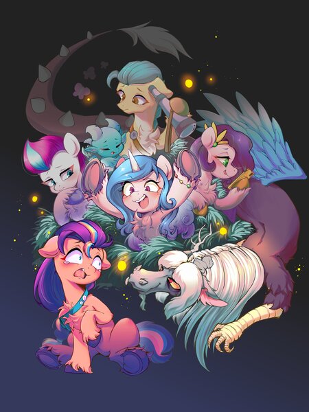 Size: 2048x2732 | Tagged: safe, artist:sione29031414, derpibooru import, discord, hitch trailblazer, izzy moonbow, pipp petals, sparky sparkeroni, sunny starscout, zipp storm, butterfly, draconequus, dragon, earth pony, insect, pegasus, pony, unicorn, g5, blushing, eyebrows, eyebrows visible through hair, eyes closed, female, frown, group, high res, image, jpeg, male, mane five (g5), mare, open mouth, open smile, septet, sitting, smiling, spread wings, stallion, wings