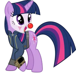 Size: 5089x5000 | Tagged: safe, artist:ponygamer2020, derpibooru import, oc, oc:twi clown, unofficial characters only, pony, unicorn, fallout equestria, clothes, clown, clown nose, derpibooru exclusive, fallout, female, image, jumpsuit, not twilight sparkle, open mouth, pipboy, png, raised hoof, red nose, simple background, solo, transparent background, vault suit, vector