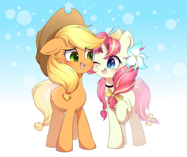 Size: 2048x1726 | Tagged: safe, artist:sione29031414, derpibooru import, applejack, oc, earth pony, pony, unicorn, applejack's hat, blushing, bubble, cowboy hat, cute, duo, eyebrows, eyebrows visible through hair, female, floppy ears, flower, flower in hair, freckles, gradient background, hat, image, jackabetes, jpeg, looking at each other, looking at someone, mare, ocbetes, one eye closed, open mouth, raised hoof, sparkly eyes, wingding eyes
