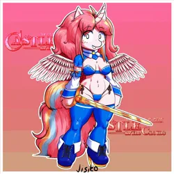 Size: 2048x2048 | Tagged: safe, artist:jisito, derpibooru import, oc, oc:nekonin, unofficial characters only, alicorn, anthro, arm hooves, bandeau, breasts, castle in the clouds, clothes, collar, female, gradient background, high heels, image, jpeg, panties, shoes, skimpy outfit, smiling, socks, solo, sword, thigh highs, thong, underwear, weapon