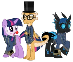 Size: 1551x1320 | Tagged: safe, artist:ponygamer2020, derpibooru import, oc, oc:myoozik the dragon, oc:twi clown, oc:w. rhinestone eyes, unofficial characters only, changeling, dragon, pony, unicorn, fallout equestria, bat wings, blue changeling, blue eyes, brown eyes, changeling oc, claws, clothes, clown, clown nose, crossed arms, cute, derpibooru exclusive, dragon oc, dragon wings, fallout, female, folded wings, glasses, group, hair, happy, hat, horn, image, jumpsuit, male, non-pony oc, not twilight sparkle, ocbetes, open mouth, open smile, pipboy, png, raised hoof, red nose, shirt, simple background, smiling, tail, top hat, transparent background, trio, vault suit, vector, wings