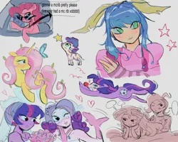 Size: 2000x1600 | Tagged: safe, artist:dulcesilly, derpibooru import, fluttershy, pinkie pie, rarity, sunset shimmer, twilight sparkle, oc, butterfly, earth pony, human, insect, pony, unicorn, zebra, equestria girls, car, clothes, clown, clown makeup, clown nose, dialogue, dress, female, heart, image, jpeg, lesbian, looking up, race swap, rarilight, red nose, shipping, simple background, sketch, sketch dump, stars, sunglasses, unicorn fluttershy, unicorn twilight, wedding dress, white background, zebra oc