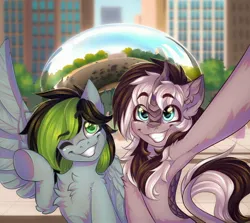 Size: 2800x2500 | Tagged: safe, artist:falafeljake, derpibooru import, oc, oc:stripes, oc:weo, kirin, pegasus, pony, armpits, chest fluff, city, duo, ear fluff, grin, high res, image, jpeg, one eye closed, one wing out, selfie, smiling, underhoof, wings