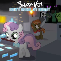 Size: 1200x1200 | Tagged: safe, artist:shadyvox, derpibooru import, button mash, sweetie belle, ponified, earth pony, pony, skeleton pony, undead, unicorn, zombie, zombie pony, don't mine at night, 2013, album cover, bandcamp, bone, brony history, brony music, colt, cover art, creeper, downloadable content, female, filly, foal, image, jpeg, katy perry, link in description, male, minecraft, nostalgia, parody, parody of a parody, pickaxe, skeleton, sword, text, torch, weapon, youtube link