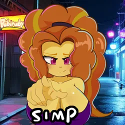 Size: 900x900 | Tagged: suggestive, artist:ribiruby, derpibooru import, adagio dazzle, equestria girls, alley, big breasts, blushing, breasts, busty adagio dazzle, cleavage, female, image, lidded eyes, looking at you, png, pointing, sign, simp, smiling, solo, solo female, text