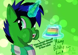 Size: 1754x1240 | Tagged: safe, artist:ace play, artist:mrkat7214, derpibooru import, oc, oc:lupi, unofficial characters only, pony, unicorn, abstract background, cake, clothes, eating, female, food, green background, horn, image, implied pinkie pie, jpeg, looking at you, magic, mare, plate, puffy cheeks, rainbow cake, scarf, simple background, solo, talking to viewer, telekinesis, unicorn oc