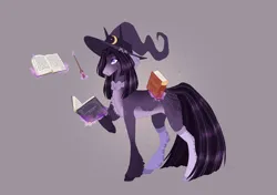 Size: 3308x2333 | Tagged: safe, artist:luuny-luna, derpibooru import, oc, oc:astral, earth pony, pony, alternate design, book, female, hat, image, magic, magic wand, mare, png, simple background, solo, twitterina design, witch hat