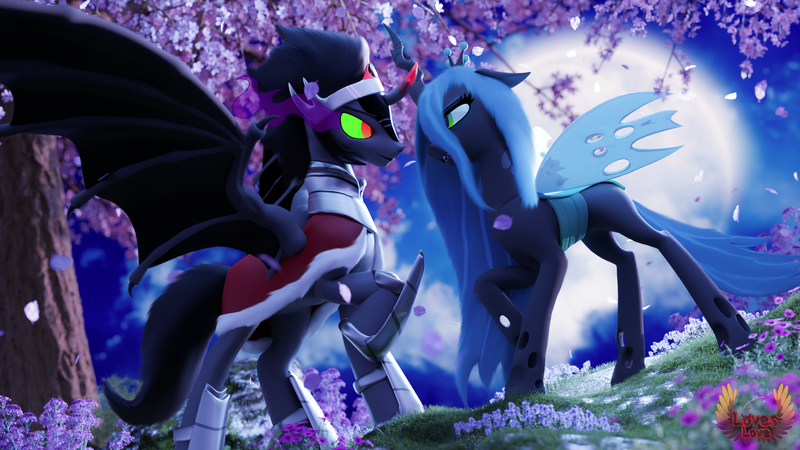Size: 3840x2160 | Tagged: safe, artist:loveslove, derpibooru import, king sombra, queen chrysalis, changeling, changeling queen, pony, unicorn, 3d, bat wings, blurry background, cherry blossoms, chrysombra, duo, duo male and female, female, flower, flower blossom, high res, horn, image, insect wings, looking at each other, looking at someone, male, mare, moon, png, shipping, smiling, spread wings, stallion, straight, tail, tree, wings