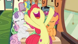 Size: 1150x647 | Tagged: safe, derpibooru import, screencap, apple bloom, lemon hearts, scootaloo, sweetie belle, earth pony, pegasus, pony, unicorn, growing up is hard to do, season 9, spoiler:s09, adorabloom, background pony, bipedal, cute, cutie mark crusaders, female, image, jpeg, mare, mid-blink screencap, nose in the air, older, older apple bloom, older cmc, older scootaloo, older sweetie belle, open mouth, raised hoof, train, volumetric mouth
