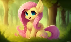 Size: 1280x768 | Tagged: safe, derpibooru import, machine learning generated, pony diffusion, stable diffusion, fluttershy, pegasus, pony, chest fluff, cute, folded wings, forest, forest background, green eyes, image, jpeg, looking at you, open mouth, pink hair, shyabetes, sitting, solo, tree, wings