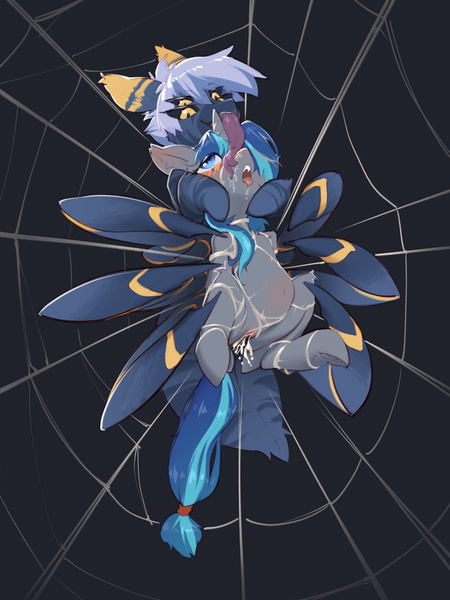 Size: 2048x2732 | Tagged: explicit, artist:blue ink, derpibooru import, oc, oc:dark straw, unofficial characters only, monster pony, original species, pony, spiderpony, abdominal bulge, ahegao, blushing, bondage, creampie, cum, drool, egg, egg inflation, eyes rolling back, female, human vagina on pony, image, long tongue, male, mare, nudity, open mouth, oviposition, penetration, png, sex, spider web, straight, tongue out, vaginal
