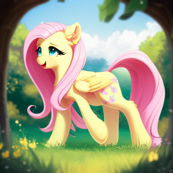 Size: 2048x2048 | Tagged: safe, derpibooru import, machine learning generated, purplesmart.ai, stable diffusion, fluttershy, pegasus, pony, female, full body, image, mare, nature, open mouth, png, side view, solo, walking